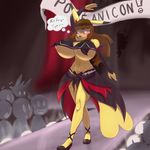  anthro banner big_breasts biting_lip blood blush breasts brown_hair cleft_tail clothed clothing cosplay dialogue english_text hair huge_breasts humanoid lady_j nintendo nipples nosebleed oogzie open_mouth pepper_(oogzie) pikachu pok&eacute;mon pok&eacute;morph runway skimpy smile solo_focus sweat sweatdrop text thought_bubble under_boob valkyrie_drive_mermaid video_games wardrobe_malfunction 