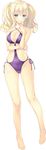  ashishun ass_visible_through_thighs barefoot bikini blonde_hair blue_eyes blush breasts cameltoe covered_navel finger_to_cheek full_body halterneck highres long_hair looking_at_viewer medium_breasts o-ring o-ring_bikini official_art ouchi_ni_kaeru_made_ga_mashimaro_desu pinky_out purple_bikini raiha_raikkonen side-tie_bikini smile solo swimsuit transparent_background twintails 