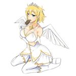  artist_request blonde_hair boots breasts cleavage dress food high_heel_boots high_heels highres popsicle ryouna_(senran_kagura) senran_kagura simple_background sitting solo thighhighs wariza white_background wings 