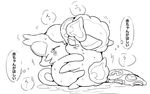  2017 anthro anthro_on_anthro bibit_(cocotama) black_and_white blush butt clothing cocotama duo eyelashes eyes_closed featureless_limbs female hatori himitsu_no_cocotama hug japanese_text kissing male male/female monochrome motion_lines nude panties parine simple_background sweat text thought_bubble underwear white_background 