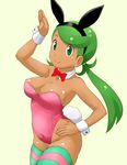  animal_ears areola_slip areolae bangs bare_shoulders blush_stickers bow bowtie breasts bunny_ears bunny_tail bunnysuit cleavage covered_navel cowboy_shot dark_skin eyebrows_visible_through_hair green_eyes green_hair groin hand_on_hip highleg highleg_leotard highres leotard mao_(pokemon) medium_breasts pokemon pokemon_(game) pokemon_sm smile solo swept_bangs tail thighhighs tof twintails 
