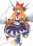  :d absurdly_long_hair bangs black_footwear bow chain commentary_request cube dual_wielding eyebrows_visible_through_hair full_body grin hair_bow highres holding holding_weapon horn_ribbon horns ibuki_suika kasuka_(kusuki) long_hair looking_at_viewer low-tied_long_hair open_mouth orange_hair purple_ribbon purple_skirt pyramid red_bow red_eyes ribbon shirt shoes sidelocks skirt sleeveless sleeveless_shirt smile socks solo sphere standing sword teeth touhou two-tone_background very_long_hair weapon white_legwear white_shirt wrist_cuffs 