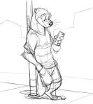 2018 cellphone clothed clothing digital_media_(artwork) disney hand_in_pocket holding_object leaning mammal monochrome mustelid otter phone sketch small_ears street temiree whiskers zootopia 