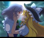  anime_coloring artist_name backlighting blonde_hair blue_vest braid eye_contact face-to-face full_moon glowing glowing_eyes hands_on_another's_face hat hat_ribbon highres imminent_kiss izayoi_sakuya jackybunny kirisame_marisa letterboxed long_hair looking_at_another moon multiple_girls night no_headwear outdoors parted_lips puffy_short_sleeves puffy_sleeves red_eyes ribbon short_hair short_sleeves silver_hair single_braid touhou upper_body vest witch_hat yuri 