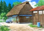  blue_sky car cloud cloudy_sky commentary day door drum_(container) grass ground_vehicle highres hirota_(masasiv3) house mini_cooper motor_vehicle nature no_humans outdoors scenery sky tree window 