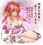  :d arm_support blush breasts brown_eyes brown_hair cleavage clog_sandals collarbone commentary_request fireworks floral_print flower full_body hair_flower hair_ornament highres japanese_clothes kimono large_breasts long_hair long_sleeves looking_at_viewer obi off_shoulder official_art open_mouth ponytail sash shimashima08123 sidelocks sitting smile solo sweat tabi tokyo_exe_girls translation_request wide_sleeves yokozuwari 