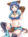  animal_ears black_legwear blue_footwear blue_hair blush boots breasts cat_ears cat_paws cat_tail cleavage eyebrows_visible_through_hair furumiya_neko green_eyes highres ket_sea large_breasts looking_at_viewer navel open_mouth paws solo tail teeth thighhighs waguruma! 