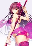  ass bangle bikini bracelet breasts emanon123 fate/grand_order fate_(series) flower gae_bolg hair_flower hair_ornament highres jewelry leg_garter long_hair looking_at_viewer medium_breasts polearm purple_bikini purple_hair red_eyes scathach_(fate)_(all) scathach_(swimsuit_assassin)_(fate) shael simple_background smile solo spear swimsuit weapon 