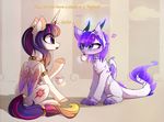  cutie_mark dragon duo english_text equine fan_character feathered_dragon feathered_wings feathers female feral fur furred_dragon hair hooves horn magnaluna mammal my_little_pony purple_eyes purple_hair sitting text winged_unicorn wings 