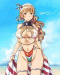  arms_at_sides ass_visible_through_thighs blush breasts brown_eyes brown_hair chain closed_mouth cloud commentary_request covered_nipples cowboy_shot day groin headdress holding italian kantai_collection large_breasts littorio_(kantai_collection) long_hair looking_at_viewer navel outdoors sameha_ikuya sky smile solo swimsuit thigh_strap translated wrist_cuffs 