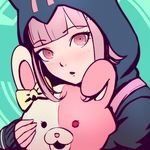  animal_hood black_sweater bow brown_eyes cat_hood danganronpa green_background hair_ornament highres hood hooded_sweater looking_at_viewer nanami_chiaki parted_lips pink_hair qosic short_hair solo super_danganronpa_2 sweater yellow_bow 