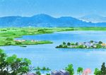  blue_sky commentary day field grass highres hirota_(masasiv3) horizon house lake mountain mountainous_horizon no_humans outdoors scenery sky tree village water 