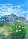  blue_sky cloud cloudy_sky commentary cosmos_(flower) day flower grass highres hirota_(masasiv3) mountain no_humans outdoors scenery sky 