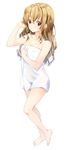  adjusting_hair after_shower bangs bare_shoulders barefoot blush breasts cleavage closed_mouth commentary_request covered_nipples feet from_side full_body hair_between_eyes hand_on_own_chest hand_up highres isosaki_iori light_brown_hair long_hair looking_at_viewer medium_breasts naked_towel official_art orange_eyes see-through simple_background solo standing taimanin_(series) taimanin_asagi_kessen_arena tiptoes towel wavy_hair wet wet_hair white_background white_towel zinno 