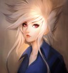  blonde_hair blue_shirt collared_shirt commentary eyelashes highres lips nguyen_uy_vu nose original portrait purple_eyes shirt signature solo upper_body wing_collar 