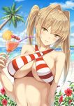  ahoge beach bikini blonde_hair blurry blurry_background breasts criss-cross_halter cup day drink drinking_glass drinking_straw earrings fate/grand_order fate_(series) flower gohei_(aoi_yuugure) green_eyes hair_intakes halterneck highres jewelry large_breasts long_hair looking_at_viewer navel nero_claudius_(fate)_(all) nero_claudius_(swimsuit_caster)_(fate) ocean outdoors seductive_smile sky smile solo striped striped_bikini swimsuit tropical_drink twintails upper_body 