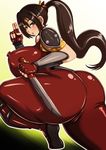  1girl armlet armor ass bakudemon blush bodysuit breasts brown_eyes brown_hair butt_crack curvy erect_nipples female gloves huge_ass large_breasts long_hair looking_at_viewer looking_back namco namco_x_capcom ninja nipples short_sword skin_tight solo soul_calibur spandex sword taki_(soulcalibur) thick_thighs weapon 