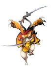  animal_ears arms_up blazblue blazblue:_central_fiction cat cat_ears claws coat eyepatch full_body furry highres jubei_(blazblue) katou_yuuki long_sleeves looking_at_viewer male_focus mouth_hold multiple_tails no_humans official_art one_eye_covered red_eyes sheath simple_background tail tail_hold whiskers white_background 