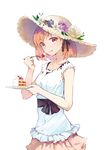  :q black_ribbon brown_eyes cake cowboy_shot cream cream_on_face flower food food_on_face hair_ribbon hat highres looking_at_viewer ochau orange_hair orange_skirt original pleated_skirt ribbon shirt short_hair simple_background skirt sleeveless sleeveless_shirt solo standing sun_hat tongue tongue_out white_background white_flower white_shirt 