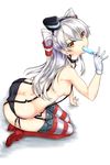  absurdres amatsukaze_(kantai_collection) arm_support ass black_hairband black_panties breasts brown_eyes eyebrows_visible_through_hair food full_body gloves hairband highres ice_cream kantai_collection kneeling long_hair looking_at_viewer panties red_eyes renkon_(s36tereste) sideboob silver_hair simple_background small_breasts solo striped striped_legwear thighhighs topless underwear underwear_only white_background white_gloves 