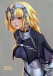  armor armored_dress artist_name bangs blonde_hair blue_eyes braid breasts carlo_montie chain closed_mouth commentary eyelashes fate/apocrypha fate_(series) gauntlets headpiece highres jeanne_d'arc_(fate) jeanne_d'arc_(fate)_(all) lips long_hair medium_breasts purple_eyes single_braid smile snk solo yellow_eyes 