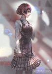  1girl artist_name bangs breasts brown_hair cglas crown_braid hairband halter_top highres long_sleeves looking_at_away medium_breasts niijima_makoto open_mouth persona persona_5 red_eyes short_hair turtleneck upper_body vest 