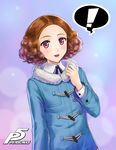  1girl blue_coat brown_eyes brown_hair commentary_request copyright_name highres looking_at_viewer okumura_haru persona persona_5 runesu_(pululu) short_hair smile solo spoken_exclamation_mark 