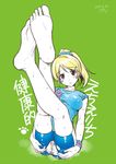  alpha_(yukai_na_nakamatachi) aqua_scrunchie aqua_shirt ayase_eli barefoot bike_shorts black_eyes blonde_hair blue_scrunchie blue_shirt blush commentary_request covered_nipples crossed_ankles dated feet green_background hair_ornament hair_scrunchie hairpin head_tilt hot jpeg_artifacts legs_up looking_at_viewer love_live! love_live!_school_idol_project panties parted_lips partially_visible_vulva ponytail scrunchie shirt simple_background sleeves_pushed_up soles solo sweat sweatband toes torn_bike_shorts torn_clothes underwear 