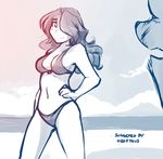  2017 anthro beach bikini blush canine clothing female hair hair_over_eye human keidran long_hair male male/female mammal maren_taverndatter monochrome presenting seaside smile solo_focus swimsuit sythe_(twokinds) tom_fischbach twokinds water wolf 