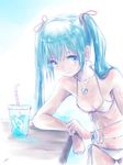  aqua_eyes aqua_hair artist_name bikini bracelet breasts commentary_request drink drinking_straw earrings front-tie_top hatsune_miku highres jewelry kowiru long_hair looking_at_viewer necklace ribs ring side-tie_bikini small_breasts solo swimsuit twintails vocaloid white_bikini 