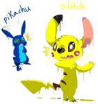  2015 4_fingers alien back_markings black_nose blue_fur brown_eyes character_name chest_tuft cropped crossover directional_arrow disney duo electricity experiment_(species) fur goo_transformation green_eyes head_tuft lilo_and_stitch looking_back markings nintendo notched_ear nuhasaad open_mouth pikachu pok&eacute;mon pok&eacute;mon_(species) red_cheeks shocked simple_background small_tail stitch transformation tuft video_games white_background yellow_fur 