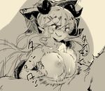  bangs blush breast_squeeze breasts commentary_request eyebrows_visible_through_hair granblue_fantasy hair_between_eyes hair_ornament hair_ribbon hairclip hallessena horns large_breasts long_hair monochrome motion_lines nipples paizuri pointy_ears ribbon roteri_(roteri_69) simple_background sitting sketch speed_lines topless trembling 