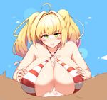  1boy 1girl ahoge bikini blonde_hair blush breast_squeeze breasts cleavage cum cum_on_breasts fate/extra fate/grand_order fate_(series) green_eyes hetero huge_breasts kion-kun long_hair long_twintails looking_at_viewer nero_claudius_(swimsuit_caster)_(fate) outdoors paizuri red_bikini red_swimsuit saber_extra smile solo_focus striped_bikini swimsuit twintails 
