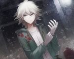  adjusting_clothes adjusting_gloves angel31424 collarbone danganronpa dust gloves green_sweater hair_between_eyes hood hooded_sweater indoors komaeda_nagito looking_away male_focus shirt silver_eyes silver_hair solo spoilers super_danganronpa_2 sweater white_gloves white_shirt 