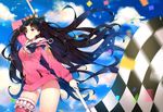  arm_up ayamy bangs black_hair blue_sky blurry blush bow checkered checkered_flag closed_mouth cloud cloudy_sky confetti contrapposto cowboy_shot crown day depth_of_field earrings eyebrows_visible_through_hair fate/grand_order fate_(series) flag floating_hair fur-trimmed_hood fur-trimmed_legwear fur_trim hair_bow highleg highleg_swimsuit holding holding_flag hood hoodie hoop_earrings ishtar_(fate/grand_order) ishtar_(swimsuit_rider)_(fate) jewelry lens_flare long_hair looking_at_viewer motion_blur one-piece_swimsuit outdoors pink_legwear red_eyes single_thighhigh sky smile solo sparkle standing swimsuit swimsuit_under_clothes thighhighs thighs two_side_up very_long_hair white_swimsuit 