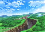  blue_sky canyon chasm cloud cloudy_sky commentary day field grass highres hirota_(masasiv3) horizon lake mountainous_horizon no_humans outdoors road scenery sky tree 