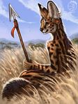  2017 5_fingers amber_eyes anthro black_nose brown_fur day detailed_background ear_piercing feline flashw fur holding_object holding_weapon male mammal melee_weapon outside piercing polearm serval sky smile solo spear spotted_ur weapon 