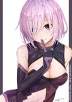  absurdres artist_name bangs black_gloves black_leotard blush breasts character_name closed_mouth commentary contrapposto copyright_name elbow_gloves fate/grand_order fate_(series) finger_to_mouth gloves hair_over_one_eye highres index_finger_raised large_breasts leotard looking_to_the_side mash_kyrielight navel_cutout purple_eyes purple_gloves purple_hair short_hair shushing shuutou_haruka signature smile solo standing upper_body 