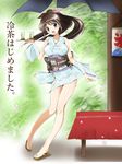  :d breasts brown_hair commentary cup drinking_glass green_eyes green_tea highres japanese_clothes kimono kinfuji large_breasts long_hair looking_at_viewer open_mouth original sandals short_kimono sleeveless smile solo tea touge_chayako translated 