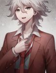  :d angel31424 brown_jacket collarbone danganronpa eyebrows_visible_through_hair green_eyes grey_background hair_between_eyes jacket komaeda_nagito male_focus necktie open_clothes open_jacket open_mouth red_neckwear smile solo standing super_danganronpa_2 sweatdrop upper_body 