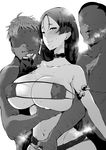  1girl 2boys blush breasts huge_breasts long_hair monochrome multiple_boys pixiv_manga_sample sweat 