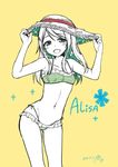  :d alpha_(yukai_na_nakamatachi) ayase_arisa bikini blush character_name commentary_request dated frilled_bikini frills green_bikini hair_ornament hairclip half-closed_eyes hands_on_headwear hat highres jpeg_artifacts long_hair love_live! love_live!_school_idol_project navel open_mouth partially_colored simple_background smile solo straw_hat striped striped_bikini swimsuit yellow_background 