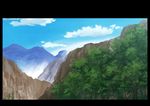  blue_sky cliff cloud commentary day forest highres hirota_(masasiv3) mountain nature no_humans outdoors scenery sky tree windowboxed 
