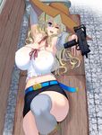  arm_up armpits bad_gun_anatomy belt blonde_hair blue_eyes boots bracelet breasts cleavage commentary_request covered_nipples curvy firearm gun hat highres huge_breasts jewelry kneehighs large_breasts long_hair mac-10 machine_pistol masao midriff miniskirt navel one_eye_closed open_mouth original plump skirt solo submachine_gun thighs weapon 