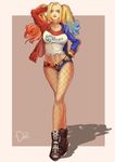  1girl blonde_hair blue_hair breasts dc_comics full_body harley_quinn makeup medium_breasts multicolored_hair pantyhose pantyhose_under_shorts pink_hair short_shorts shorts solo suicide_squad thighs torn_clothes torn_pantyhose 