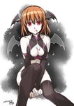  :q alpha_(yukai_na_nakamatachi) bare_shoulders bat_wings between_legs black_gloves black_legwear blood breasts bridal_gauntlets cleavage collarbone commentary_request convenient_leg dated demon_girl elbow_gloves gloves hand_between_legs head_wings highres jpeg_artifacts licking_lips medium_breasts original pale_skin red_eyes red_hair solo succubus tongue tongue_out wings 