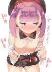  bangs belt blush breasts collarbone cowboy_shot detached_collar detached_sleeves embarrassed eyebrows_visible_through_hair fate/grand_order fate_(series) hat helena_blavatsky_(fate/grand_order) leaning_forward looking_away mamedenkyuu_(berun) nipples no_bra purple_eyes purple_hair short_hair small_breasts solo translation_request white_background white_sleeves 