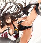  black_dress breasts brown_eyes brown_hair chun-li cleavage dress hanging_breasts highres kicking large_breasts leg_up long_hair nishiide_kengorou parted_lips simple_background solo street_fighter thick_thighs thighs very_long_hair white_background 