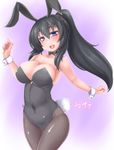  animal_ears bella1202 black_bow black_hair black_legwear black_leotard black_neckwear bow bowtie bunny_ears bunny_tail bunnysuit cowboy_shot highres leotard long_hair open_mouth original pantyhose ponytail purple_background purple_eyes smile solo strapless strapless_leotard tail wrist_cuffs 