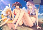  bad_id bad_pixiv_id barefoot beach_umbrella black_hair blonde_hair blue_eyes breasts cleavage closed_eyes day drinking drinking_straw eyebrows_visible_through_hair eyewear_on_head facing_viewer feet flat_chest heart heart-shaped_eyewear highres large_breasts long_hair looking_at_viewer multiple_girls nukominto original outdoors purple_hair school_swimsuit short_hair short_twintails sitting soles sunglasses swimsuit tongue tongue_out twintails umbrella 